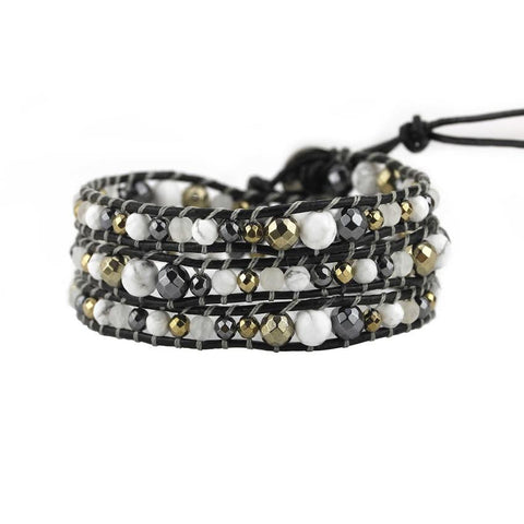 Image of Hematite and Turquoise Graduated Wrap Bracelet on Black Leather