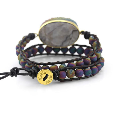 Image of Rainbow Druzy and Rainbow Druzy Beads Double Wrap Bracelet on Dark Brown Leather