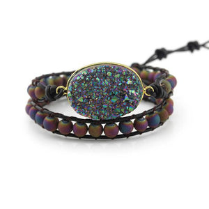 Rainbow Druzy and Rainbow Druzy Beads Double Wrap Bracelet on Dark Brown Leather