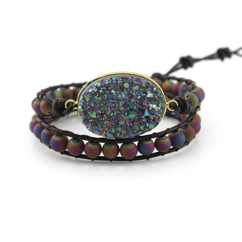Image of Rainbow Druzy and Rainbow Druzy Beads Double Wrap Bracelet on Dark Brown Leather