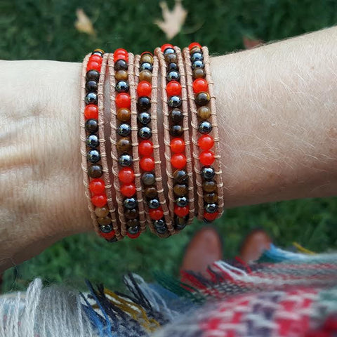 Image of Red Coral, Tiger's Eye and Hematite on Natural Leather Wrap Bracelet