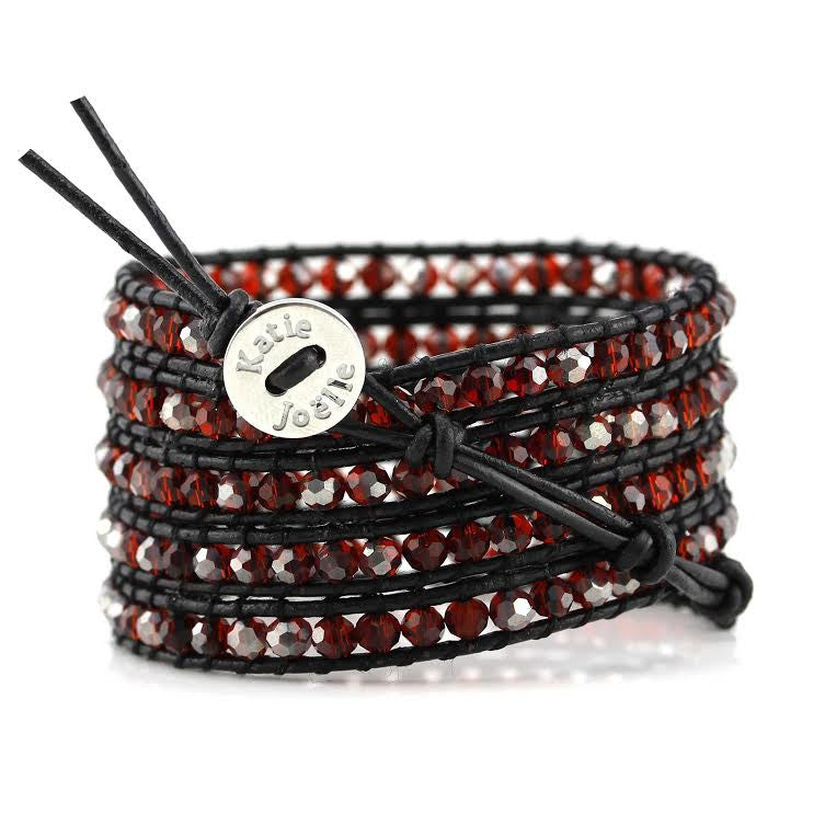 Red Crystals on Black Leather Wrap Bracelet