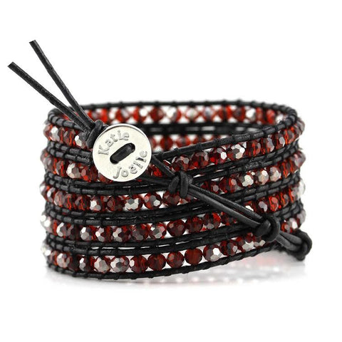 Image of Red Crystals on Black Leather Wrap Bracelet