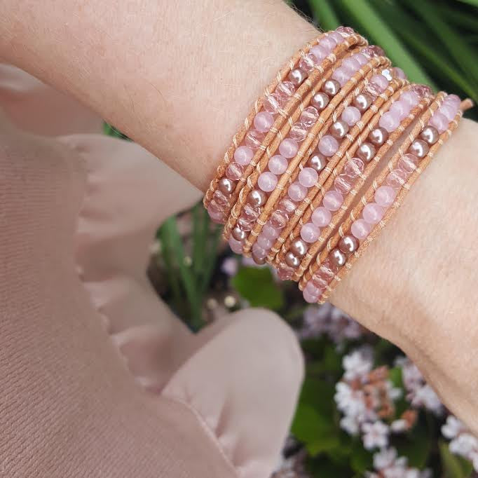 Rose Gold Pearl and Rose Quartz on Natural Leather Wrap Bracelet