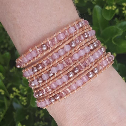 Image of Rose Gold Pearl and Rose Quartz on Natural Leather Wrap Bracelet