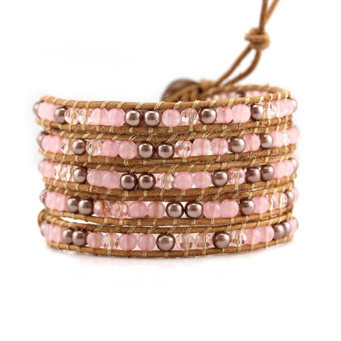 Image of Rose Gold Pearl and Rose Quartz on Natural Leather Wrap Bracelet