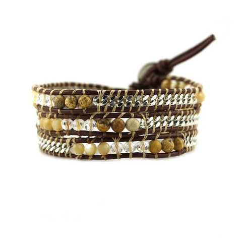 Image of Shell, Crystal, and Stone with Silver Chain on Brown Leather Wrap Bracelet