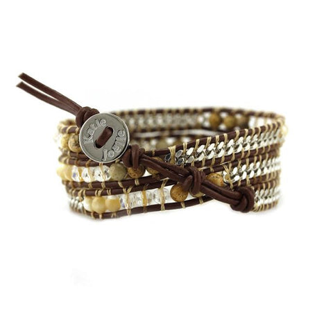 Image of Shell, Crystal, and Stone with Silver Chain on Brown Leather Wrap Bracelet