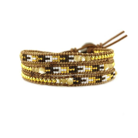 Image of Shell and Gold with Miyuki Glass Seed Beads on Natural Leather Wrap Bracelet