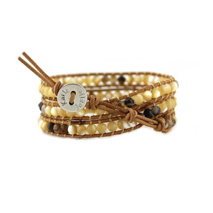 Shell and Brown Agate on Natural Leather Wrap Bracelet