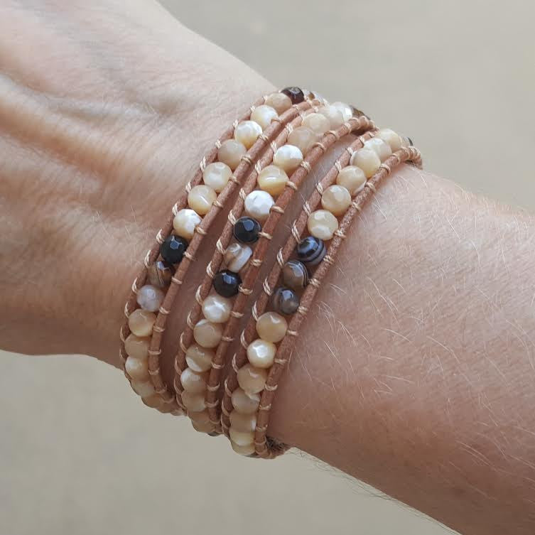 Shell and Brown Agate on Natural Leather Wrap Bracelet