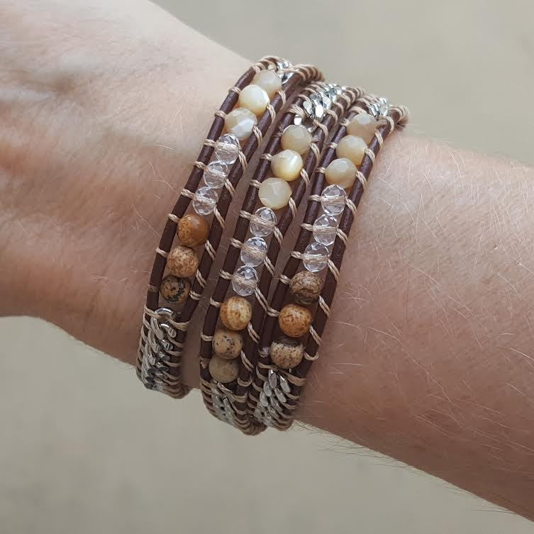 Shell, Crystal, and Stone with Silver Chain on Brown Leather Wrap Bracelet