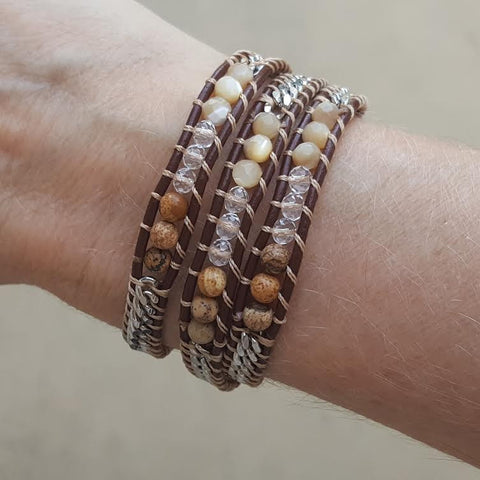 Image of Shell, Crystal, and Stone with Silver Chain on Brown Leather Wrap Bracelet