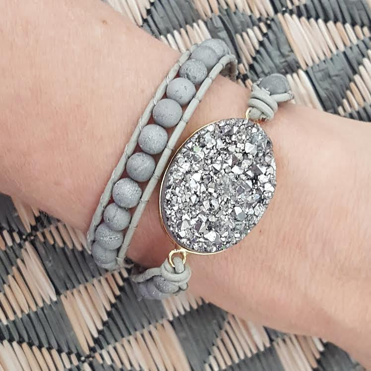 Silver Druzy and Silver Druzy Beads Double Wrap Bracelet on Grey Leather