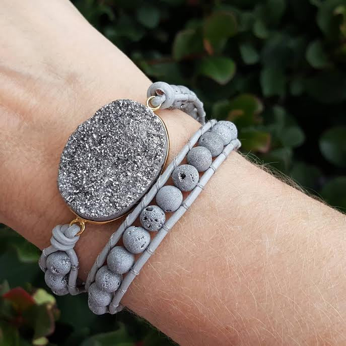 Silver Druzy and Silver Druzy Beads Double Wrap Bracelet on Grey Leather