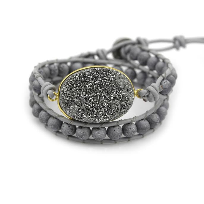 Silver Druzy and Silver Druzy Beads Double Wrap Bracelet on Grey Leather