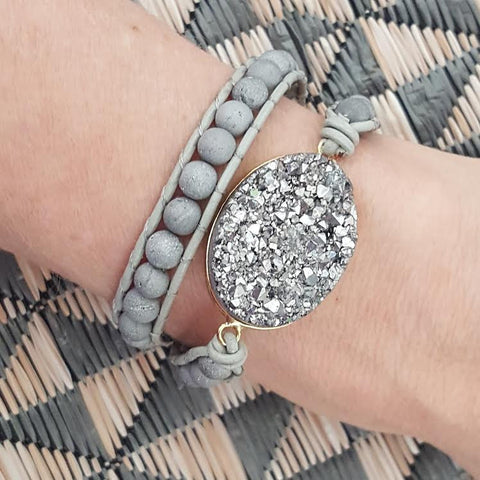 Image of Silver Druzy and Silver Druzy Beads Double Wrap Bracelet on Grey Leather