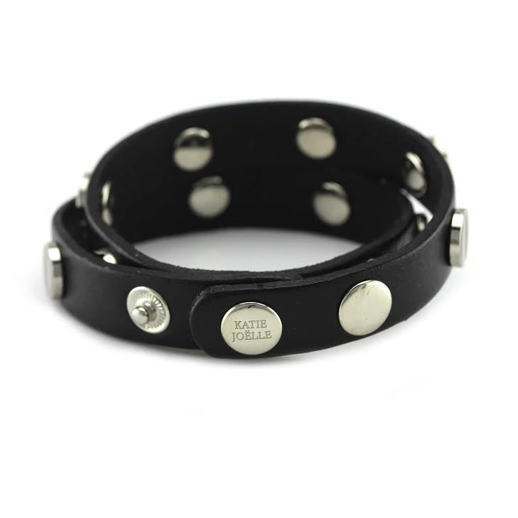 Silver Studded Black Leather Double Wrap Bracelet