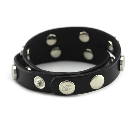 Image of Silver Studded Black Leather Double Wrap Bracelet