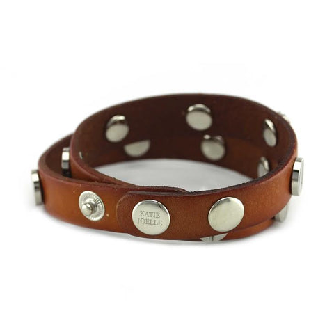 Image of Silver Studded Cognac Leather Double Wrap Bracelet