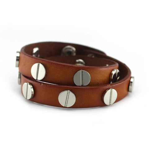 Image of Silver Studded Cognac Leather Double Wrap Bracelet