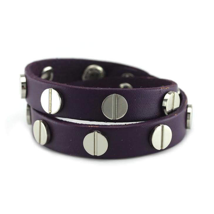 Silver Studded Purple Leather Double Wrap Bracelet
