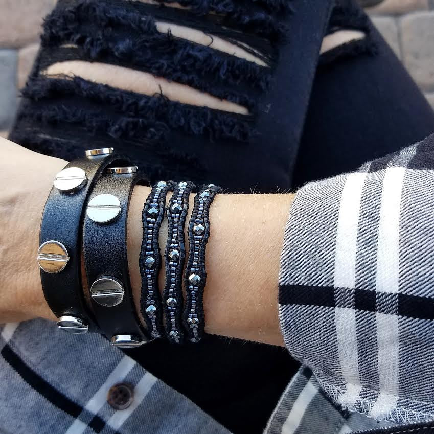 Gunmetal Scalloped Miyuki Glass Sead Beads on Black Leather Wrap Bracelet
