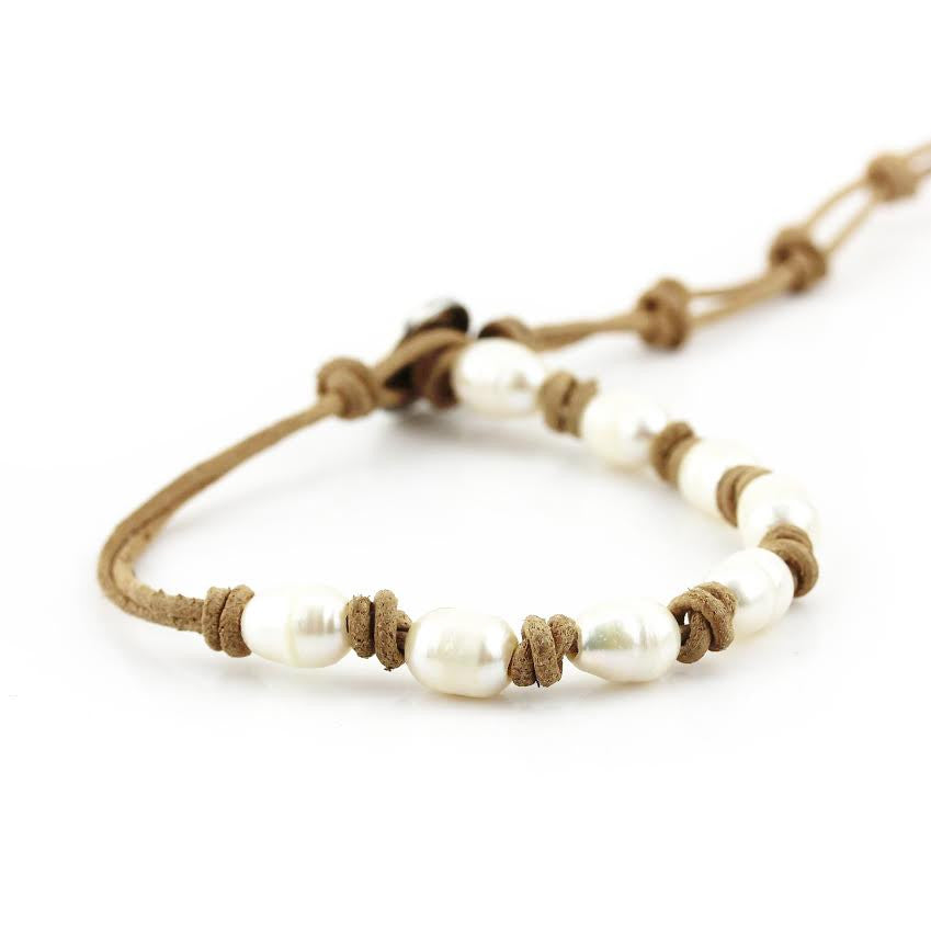 Freshwater Pearls on Natural Single Leather Wrap Bracelet