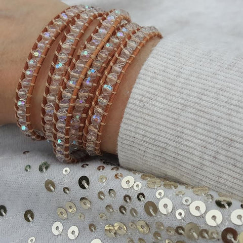 Image of Clear Crystals on Natural Leather Wrap Bracelet