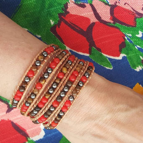 Image of Red Coral, Tiger's Eye and Hematite on Natural Leather Wrap Bracelet