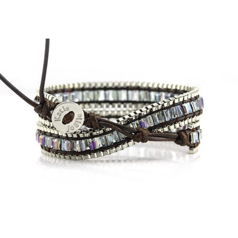 Image of Square Cut AB Glass Crystal with Silver Chain on Dark Brown Vegan Cord Wrap Bracelet