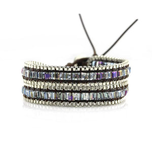 Square Cut AB Glass Crystal with Silver Chain on Dark Brown Vegan Cord Wrap Bracelet