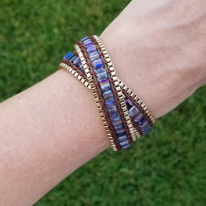 Square Cut AB Glass Crystal with Gold Chain on Brown Vegan Cord Wrap Bracelet