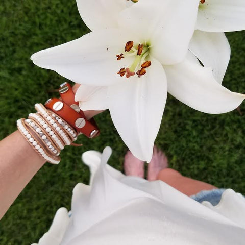 Image of Silver Studded Cognac Leather Double Wrap Bracelet