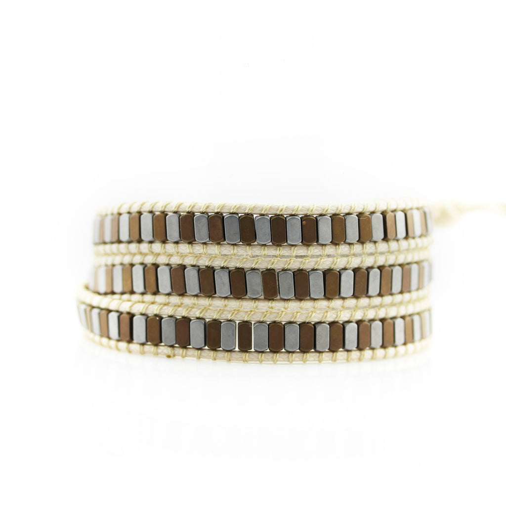 Neutral Mixed Hematite on Heather Beige Vegan Cord Wrap Bracelet