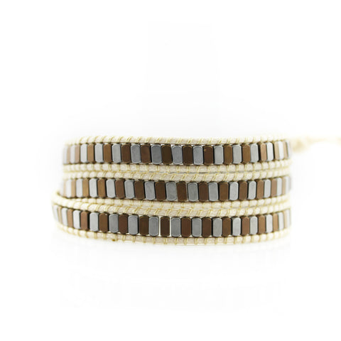 Image of Neutral Mixed Hematite on Heather Beige Vegan Cord Wrap Bracelet