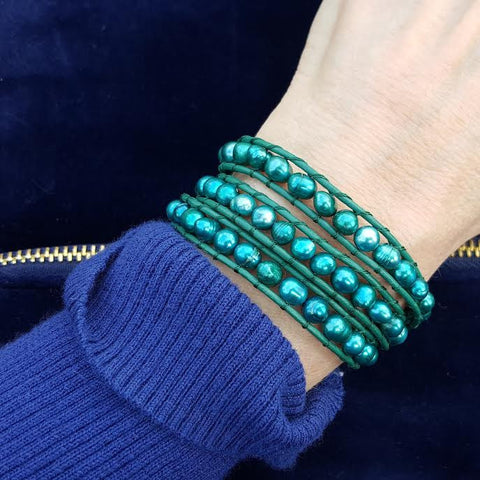 Image of Teal Green Freshwater Pearls on Green Leather Wrap Bracelet