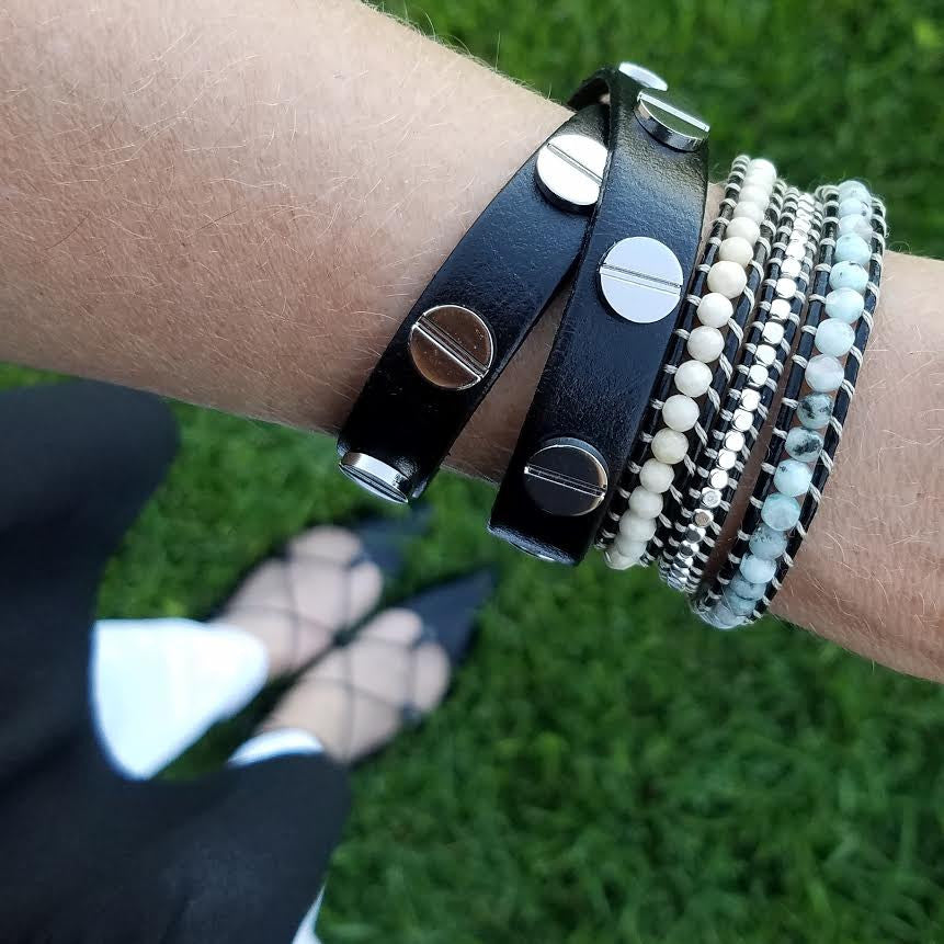 Blue Tianshan and Ivory Stone with Silver Nuggets on Black Leather Wrap Bracelet