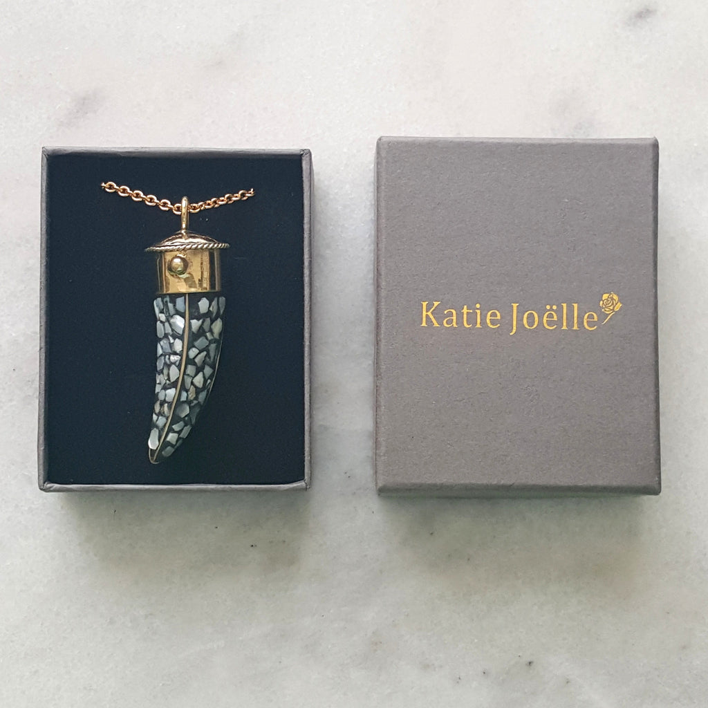 Tibetan Mother of Pearl Brass Horn Long Pendant Necklace