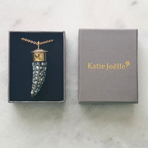 Image of Tibetan Mother of Pearl Brass Horn Long Pendant Necklace