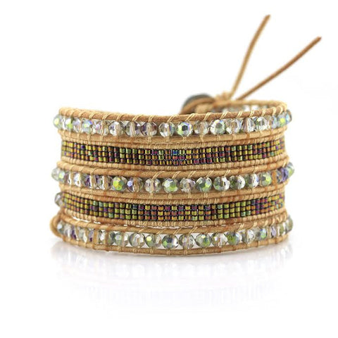 Image of Transparent Green Crystals with Miyuki Glass Seed Beads on Natural Leather Wrap Bracelet