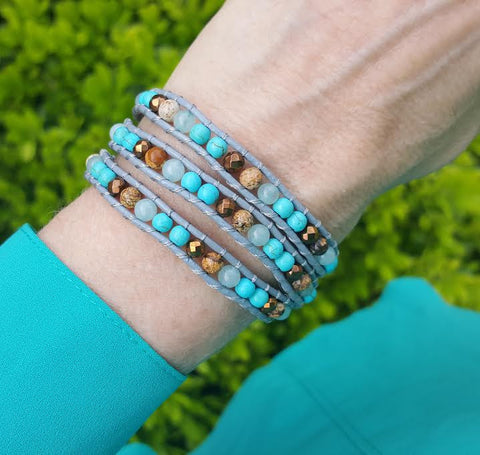 Image of Turquoise, Amazonite, Jasper and Bronze on Grey Leather Wrap Bracelet