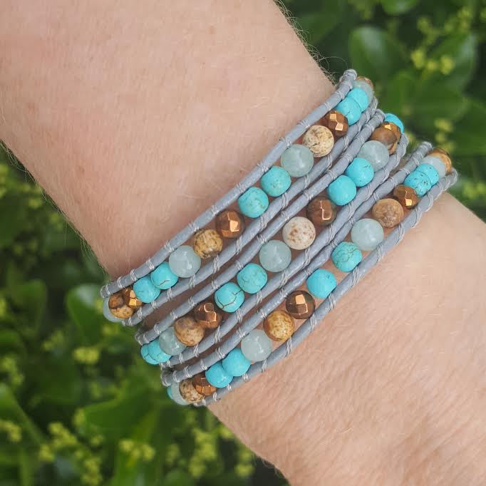 Turquoise, Amazonite, Jasper and Bronze on Grey Leather Wrap Bracelet