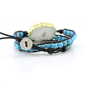 White Druzy and Turquoise Beads Double Wrap Bracelet on Dark Brown Leather