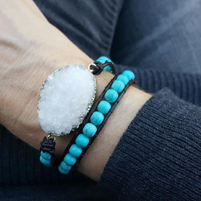 White Druzy and Turquoise Beads Double Wrap Bracelet on Dark Brown Leather