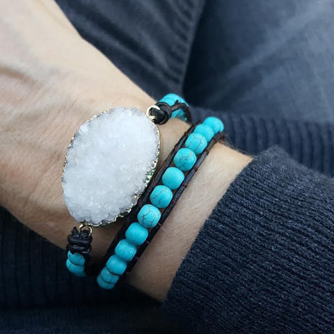 Image of White Druzy and Turquoise Beads Double Wrap Bracelet on Dark Brown Leather