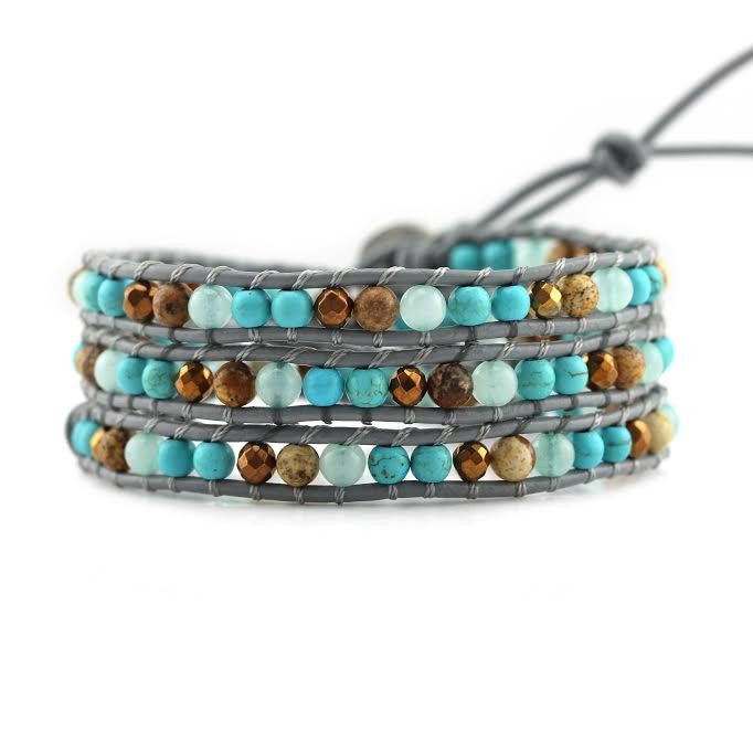 Turquoise, Amazonite, Jasper and Bronze on Grey Leather Wrap Bracelet