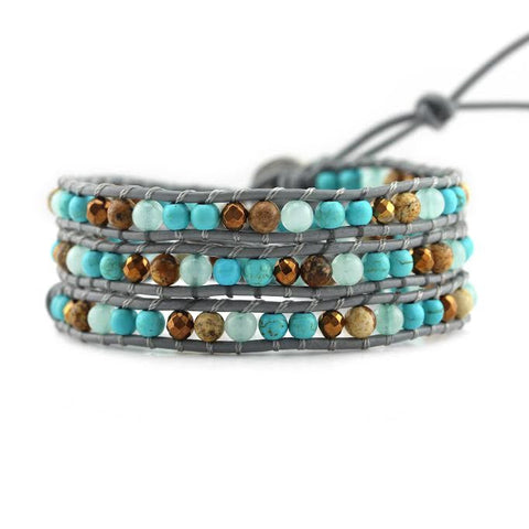 Image of Turquoise, Amazonite, Jasper and Bronze on Grey Leather Wrap Bracelet