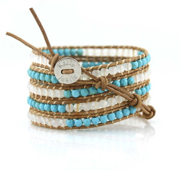 Turquoise and White Agate Five Wrap on Natural Leather