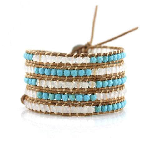 Image of Turquoise and White Agate Five Wrap on Natural Leather